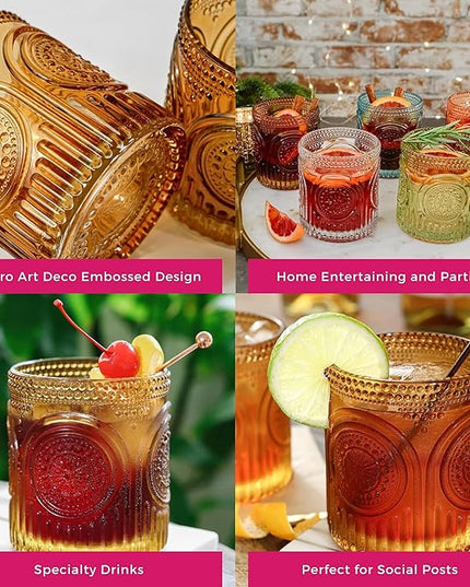 Vintage Amber Drinking Glasses Set of 6 by Kate Aspen - 10 oz Ribbed Glassware for Drinking Water, Juice, Cocktail Glasses - Ribbed Glass Cups Set, Iced Coffee Cup, Kitchen Drinkware or Home Bar
