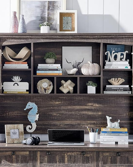 OKD Farmhouse Hutch for 60" Executive Desk, Office Desk Storage Cabinet with Glass Doors and Shelves, Top Hutch Organizer for Home Office - Dark Rustic Oak