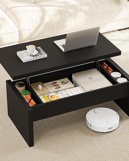 Small Lift Top Coffee Table, Wood Rectangle Coffee Table with Lifting Top and Hidden Storage Compartment, Modern Mid Century Center Tables for Small Space, Living Room, Office-Black