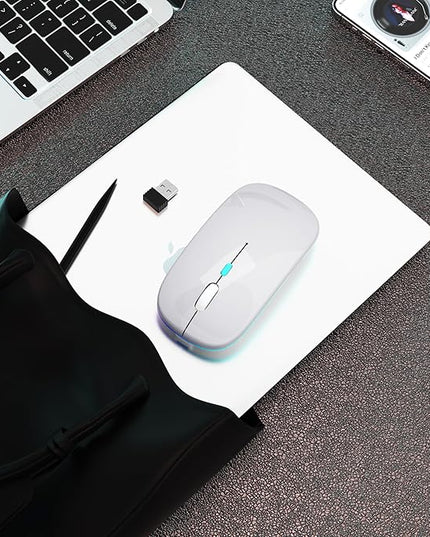 Wireless Bluetooth Mouse Rechargeable Laptop Mice with LED Use Portable(BT5.2 and USB 2.4G) Dual Mode Connection Silent Slim Computer Mouse for Laptop/iPad Tablet/Apple MacBook/PC(Silver)