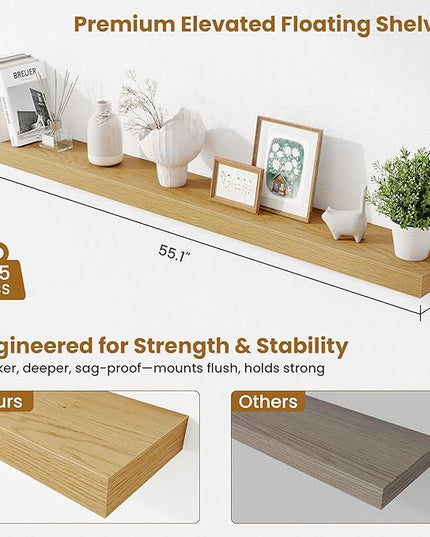 Fun Memories 55 Inch Floating Shelves Bedroom, Large Extra Floating Shelf Set of 2 with Invisible Brackets, Oak