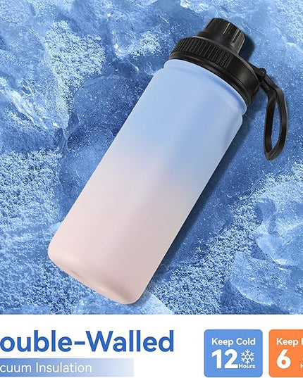 DOMICARE 16 oz Kids Water Bottle for School Stainless Steel Double Wall Vacuum Insulated Water Bottle with Straw lids & Spout Lid, Leakproof BPA Free (Blue/Pink,1)