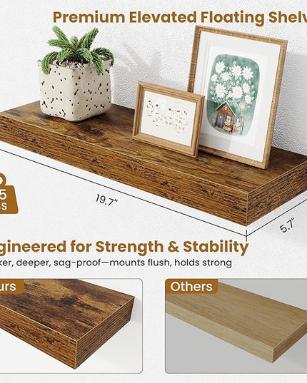 Fun Memories Floating Shelves Bathroom for Wall Mounted Shelves, 20 Inch Wood Shelf Set of 2, Home Storage & Display Decor, Rustic Brown