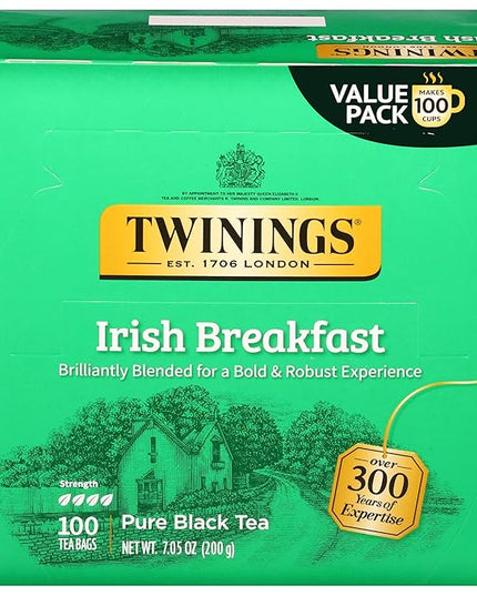 Twinings Irish Breakfast Black Tea Individually Wrapped Bags, 100 Count (Pack of 1), Flavourful, Bold, and Robust, Caffeinated, Enjoy Hot or Iced, 100 Teabags