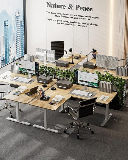 Grandder 63 x 55 Inch L Shaped Standing Desk, Electric Height Adjustable Corner Stand Up Desk, Sit Stand Corner Table Home Office Table, Oak Top White Frame