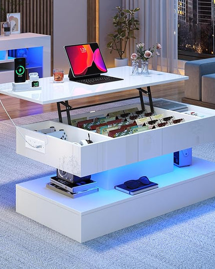 39.4" Large Lift Top Coffee Table,Modern High Glossy LED Coffee Tables for Living Room with Storage,Black Living Room Tables for Living Rooms,Dining Room,Bedroom Home Office,APP LED Lights（White）