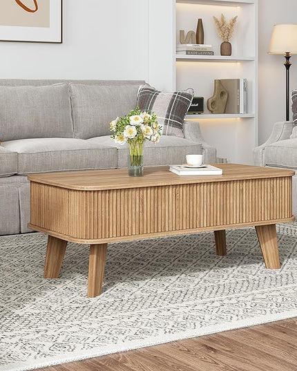 LCVTND Fluted Lift Top Coffee Table with Storage, Modern Wood Coffee Table Retro Center Table with Hidden Lifting Table Top Compartment for Living Room, Home, Office, Natural