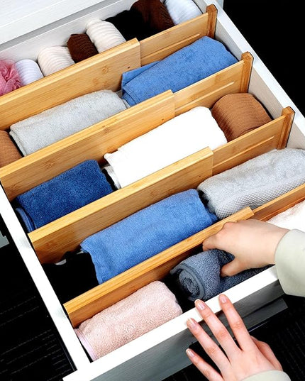 Utoplike Bamboo Dresser Drawer Dividers, 4'' High Adjustable Drawer Organizers for Clothing, Spring Loaded, Works in Kitchen, Bathroom, Bedroom, Drawer, Desk, 4 pcs