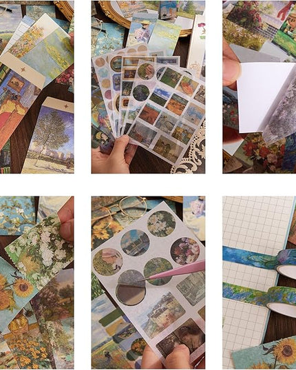 Scrapbooking Supplies Kit Plus 480Pcs, Vintage Van Gogh Oil Painting Aesthetic Scrapbook Kit for Bullet Junk Journal, DIY Journaling Supplies, Stationery, A5 Grid Notebook, Craft Gift Kid Girl
