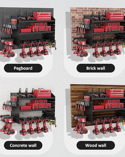 Power Tool Organizer Wall Mount with Charging Station, 8 Outlet Heavy Duty Metal Garage Tool Storage Rack, 23 Inch 3 Tier Shelves for Workshop & Garage Organization
