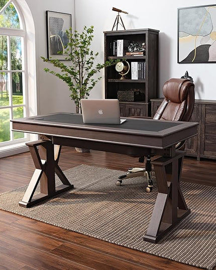 EUREKA ERGONOMIC Leather Standing Desk, 60 inch Executive Desk with Drawers,Modern Oak Grain X-Shaped Leg Sit Stand Desk, Charge Power Outlet Luxury Home Office Computer Desk