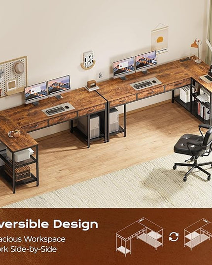 PRAISUN 63 Inch L Shaped Office Desk with Power Outlets and Type-C Port, Large Computer Gaming Desk with 3 Fabric Drawers, Mesh Shelves, Corner Study Work Writing Desk, Rustic Brown
