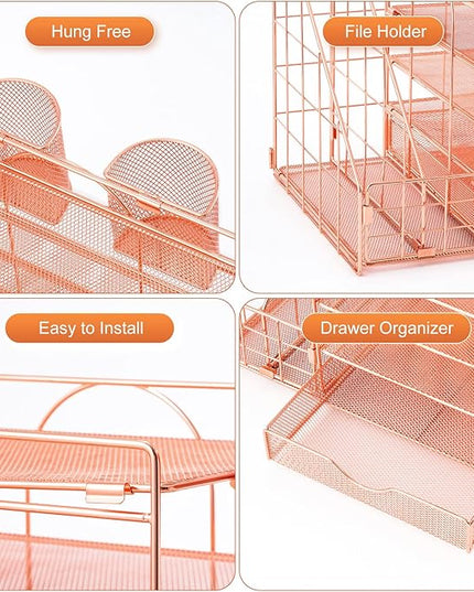 Marbrasse Rose Gold Desk Organizer with File Holder, 5-Tier Paper Letter Tray Organizer and Drawer, Mesh Desktop Storage with Magazine Holder for Office Supplies