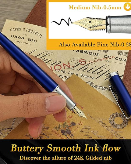 BEILUNER Luxury Fountain Pen Set,Solid 24K Gilded Medium Nib, Modern Classic Limited Edition -Includes 6 Ink Cartridges&Ink Refill Converter with Gift Case-Perfect for Men and Women（Charming blue）