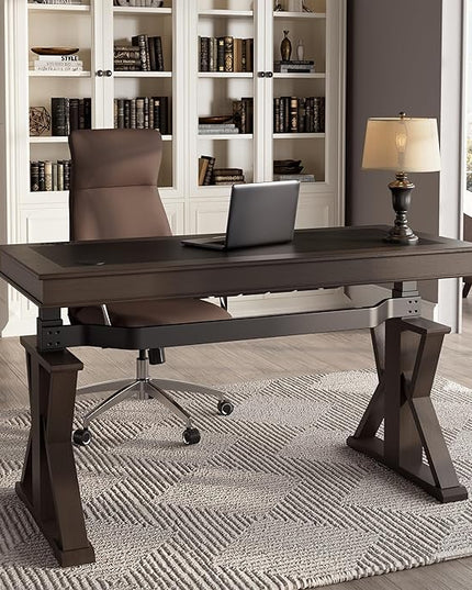 EUREKA ERGONOMIC Leather Standing Desk, 60 inch Executive Desk with Drawers,Modern Oak Grain X-Shaped Leg Sit Stand Desk, Charge Power Outlet Luxury Home Office Computer Desk