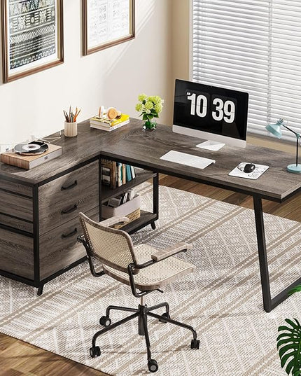 Tribesigns L-Shaped Desk with 3 Drawers, Reversible Corner Home Office Computer Desk with Shelves, 53-Inch Industrial PC Desk Study Writing Table Workstation for Small Space, Grey