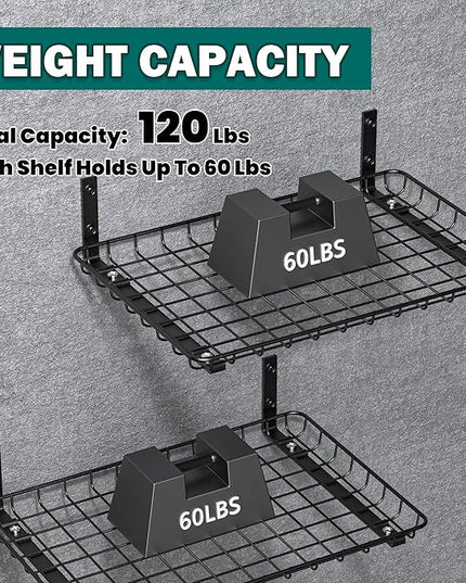 EVERHANGER Garage Wall Shelves 12x18 Inch, Wall Mounted Storage Shelf, Metal Shelf Rack, Heavy-Duty Shelf Organizer 2 Pack, Black