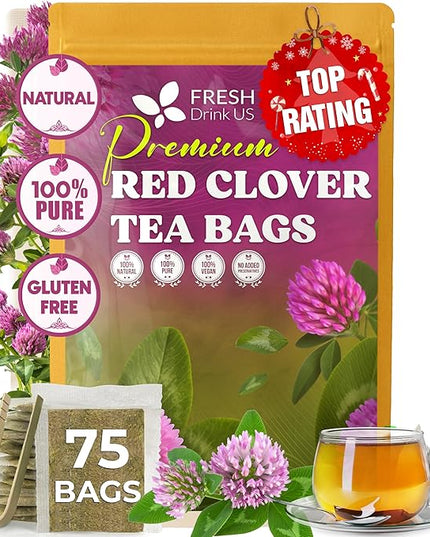 FreshDrinkUS, Premium Red Clover Herbal Tea– 75 Tea Bags – Pure – Naturally Smooth & Mild Flavor – Premium Quality, Eco-Conscious Packaging. Caffeine-Free. Gluten Free. Vegan