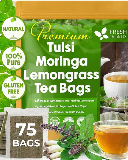 FreshDrinkUS, Premium 75 Tea Bags Tulsi Moringa Lemongrass, 100% Natural & Pure from Tulsi Holy Basil Leaves, Moringa & Lemongrass. Made with Natural Material Tea Bags. No Sugar, No Caffeine, Vegan.