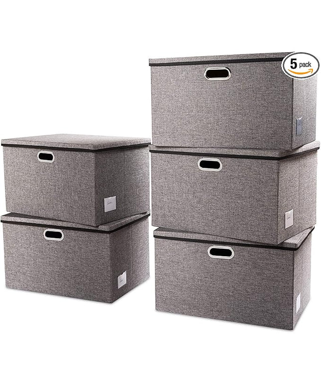 PRANDOM Extra Large Collapsible Storage Bins with Lids [5-Pack] Linen Fabric Foldable Storage Baskets Boxes Organizer Containers Cube with Cover for Bedroom Closet Office Nursery (22.8x15.75x13.8)