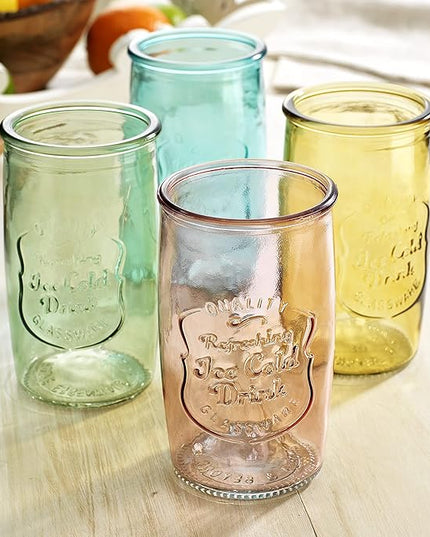 Glaver's Colored Glassware, Ice Cold Drinking Glasses Set of 4 – 20 Oz Vintage Glass Cups for Kitchen, Dining Table – Multi- Colors Glass Tumblers. Hand Wash.