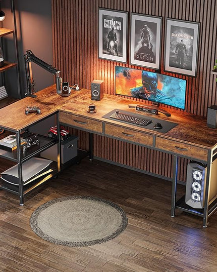 PRAISUN 63 Inch L Shaped Office Desk with Power Outlets and Type-C Port, Large Computer Gaming Desk with 3 Fabric Drawers, Mesh Shelves, Corner Study Work Writing Desk, Rustic Brown