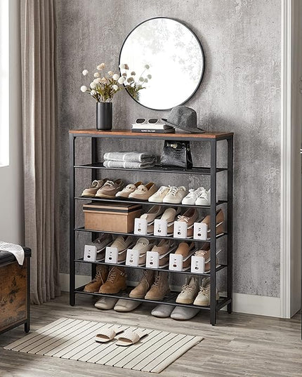 VASAGLE 6-Tier Shoe Rack, Shoe Organizer for Closet, Entryway, 24-30 Pairs of Shoes, Large Shoe Rack Organizer with 5 Metal Mesh Shelves, 11.8 x 39.4 x 43.3 Inches, Rustic Brown and Black ULBS016B01