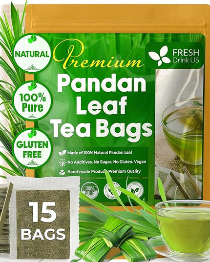 FreshDrinkUS, Premium 15 Pandan Leaf Tea Bags, 100% Natural & Pure from Pandan Leaves. Loose Leaf Pandan Herbal Tea. Made with Natural Material Tea Bags. No Sugar, No Caffeine, No Gluten, Vegan. (15 Tea bags)