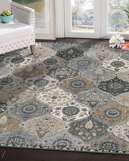Lahome Moroccan Machine Washable Area Rugs, 4x6 Rug for Living Room Bedroom, Soft Non-Slip Rug Vintage Trellis Ultra-Thin Throw Carpet for Dining Room Office, Grey