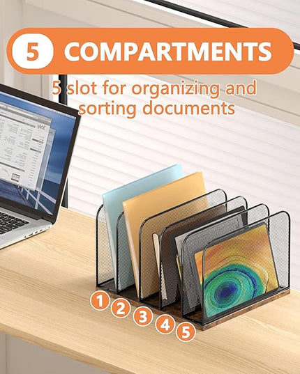 Piskyet Vertical Desk File Organizer, 5-Section Vertical File Folder Holder Stand,Metal Mail Paper Chromebook Organizer for Teacher Desk Office Classroom Desktop Organization