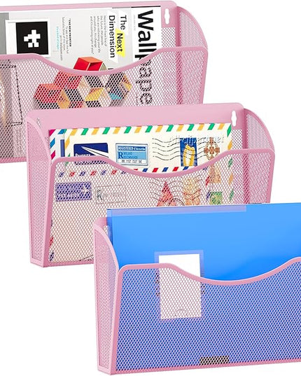 EasyPAG 3 Single Pocket Wall File Organizer, Mesh Hanging File Folder Organizer for Letter/A4 Size Folders, Wall Mounted Vertical Mail Holder for Paperwork, Office, Home, School, Pink