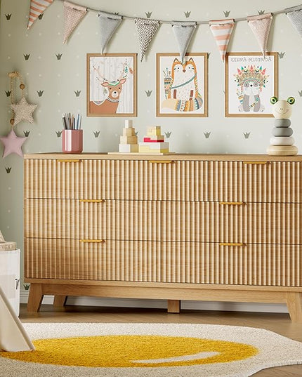 BORNOON 57" Long Dresser for Bedroom, 7-Drawer Fluted Chest, Wide Wood Storage Dresser with Metal Slides and Handles, Stable Base, Modern Clothes Organizer for Primary Suite, Guest Room, Nursery
