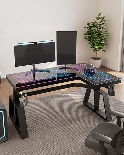 EUREKA ERGONOMIC Standing Desk,Gaming Table,Glass RGB Desks, Height Adjustable Computer 60 Inch L Shaped Corner Desk Music Studio Desk Workstation w Type-C Port,Cup Headset Holder,APP Control,Right