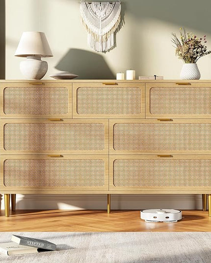 Garvee Rattan Dresser with 7 Drawers, Tall Modern Closet with Deep Storage, Large Chest of Drawers with Wide Top, Long Wooden Dresser for Bedroom, Living Room, Hallway, Kids Room, Natural