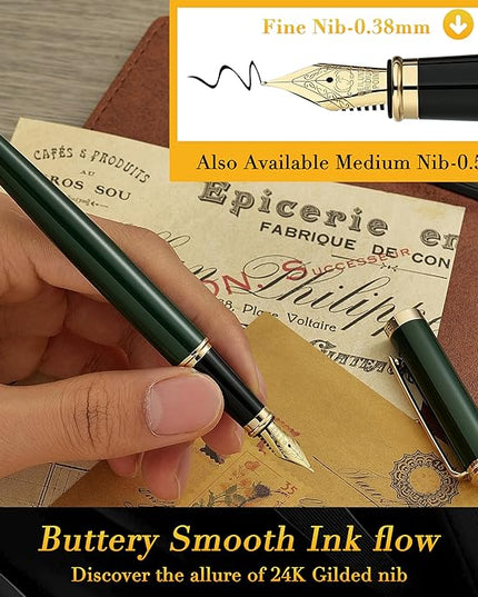 BEILUNER Racing Green Fountain Pen,Stunning Luxury Pens with 24K Gold Finish, Gorgeous 24K Gilded Nib(Fine), Trustworthy Gift for Men&Women -Ink Converter-Elegant, Graduation,Fancy Pen for Writing