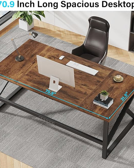 IBF 70 Inch Rustic Brown Desk, Industrial Large Metal Wood Double Computer Desk, Long Home Office Desks Table for 2 People Executive Work Writing Study Gaming, Farmhouse Big Two Person Desk in Bedroom