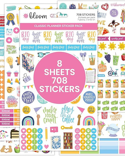 Bloom Daily Planners Newly Improved Classic Planner Sticker Sheets - Variety Sticker Pack for Decorating, Planning, Scrapbooking, etc. - 708 Stickers Per Pack!