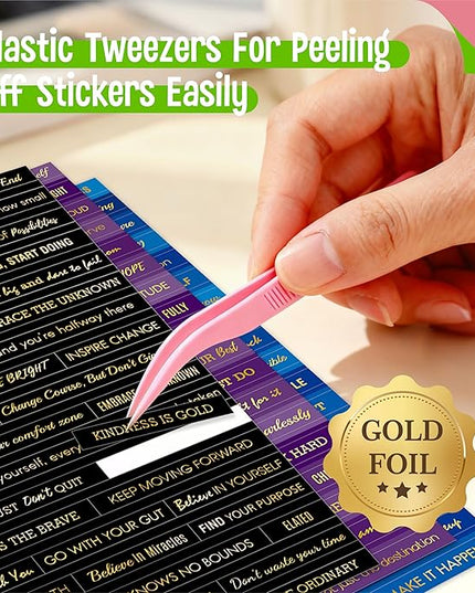 2398PCS Quote Stickers, Gold Foil Word Phrase Stickers for Junk Journal, Pre-Cut Motivational Inspirational Small Talk Labels for Scrapbook, DIY Craft Card Making (50 Sheets)