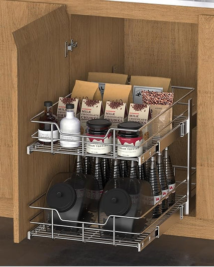 2 Tier Pull Out Cabinet Organizer 11" W X 17" D, Slide Out Drawers for Kitchen Cabinets, Pull Out Drawers for Cabinets Capacity Heavy Duty Caddy, Cabinet Pullout Shelves Chrome-Plated,Bathroom Pantry