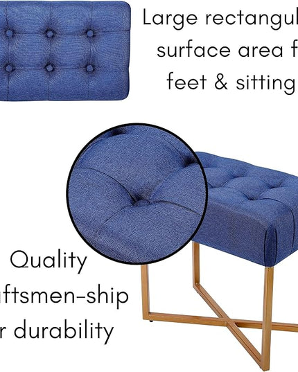 BIRDROCK HOME Rectangular Tufted Foot Stool Ottoman with Soft Padded Cushion - Versatile Vanity Chair for Bedroom, Living Room, Bathroom - Compact Seating for Adults - Blue with Pale Gold Metal Legs
