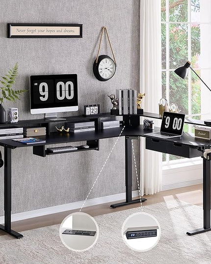 RedLemon 75X60 Inches L Shaped Electric Standing Desk, Height Adjustable Corner Gaming Desk with Drawers, Power Outlets & LED Lights, Computer Desk with Monitor Shelf, Carbon Fiber Black