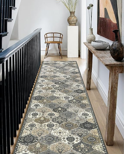 Lahome Moroccan Washable Runner Rug Non Slip, 2x10 Runner Rugs for Hallway 2x10 Vintage Ultra-Thin Throw Long Carpet for Kitchen Entryway Bedroom Laundry Room, Grey