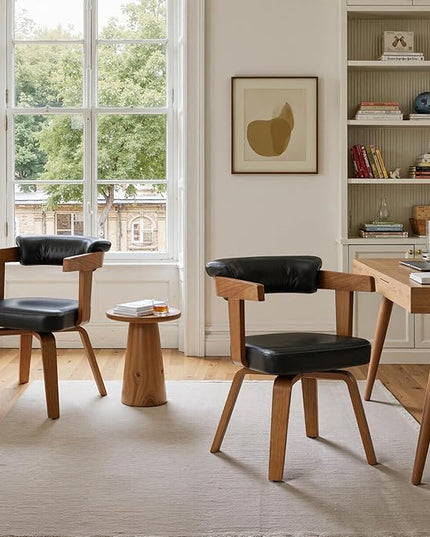 Fat Ant Home Office Desk Chair - Mid Century Modern Chair, Faux Leather Office Chair No Wheels, Comfy Accent Arm Chair with Wood Legs for Small Spaces Living Room Bedroom Study, Black/Walnut