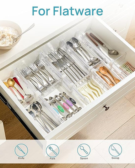 Vtopmart 2.36” Drawer Dividers with Expandable Inserts, 12.8"-22.3" Adjustable Kitchen Drawer Organizer, Clear Plastic Organizer Separator for Flatware, Utensil, Cutlery, 4 Dividers with 6 Inserts