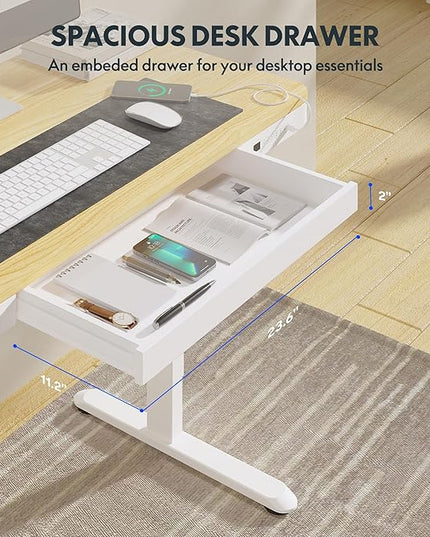 FLEXISPOT Comhar Electric Standing Desk with Drawers Charging USB Port, Height Adjustable 48" Whole-Piece Quick Install Home Office Computer Laptop Table with Storage (Maple Top + White Frame)