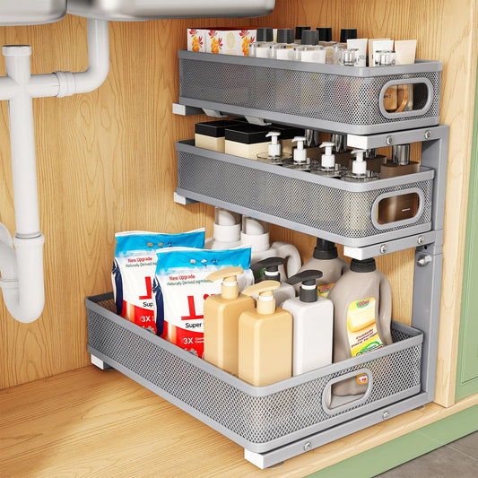 Kitstorack Under Sink Organizer, 1-Pack 3-Tier Height Adjustable Thickened Metal Pull out Cabinet Organizer Shelf, Slide out Storage Drawer Rack for Bathroom Kitchen Pantry Home Organization, Grey