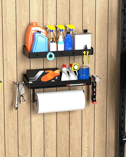 YIGII Heavy Duty Garage Paper Towel Holder with 2 Storage Shelves, Wall Mount Paper Towel Rack with Phone Holder & Hooks, Shop and Tool Room Organizer for Storage