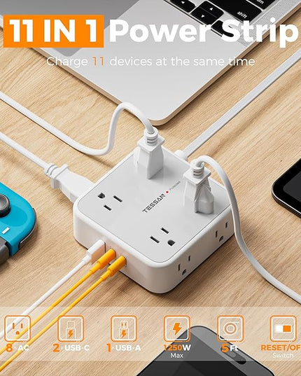 Surge Protector Power Strip, TESSAN Flat Plug Extension Cord with Multiple Outlets, 8 AC Outlets, 3 USB Ports(2 USB C), 5 Ft, 900 Joules Protection, 3-Sided Charging Station for Home Office Dorm Room