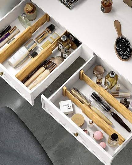 BAMEOS 4 PCS Bamboo Drawer Divider Adjustable Drawer Dividers Kitchen Drawer Organization Utensil Organizers for Kitchen Dresser Bathroom Bedroom and Office