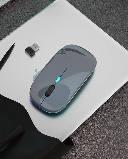 Wireless Bluetooth Mouse Rechargeable Laptop Mice with LED Use Portable(BT5.2 and USB 2.4G) Dual Mode Connection Silent Slim Computer Mouse for Laptop/iPad Tablet/Apple MacBook/PC(Grey)